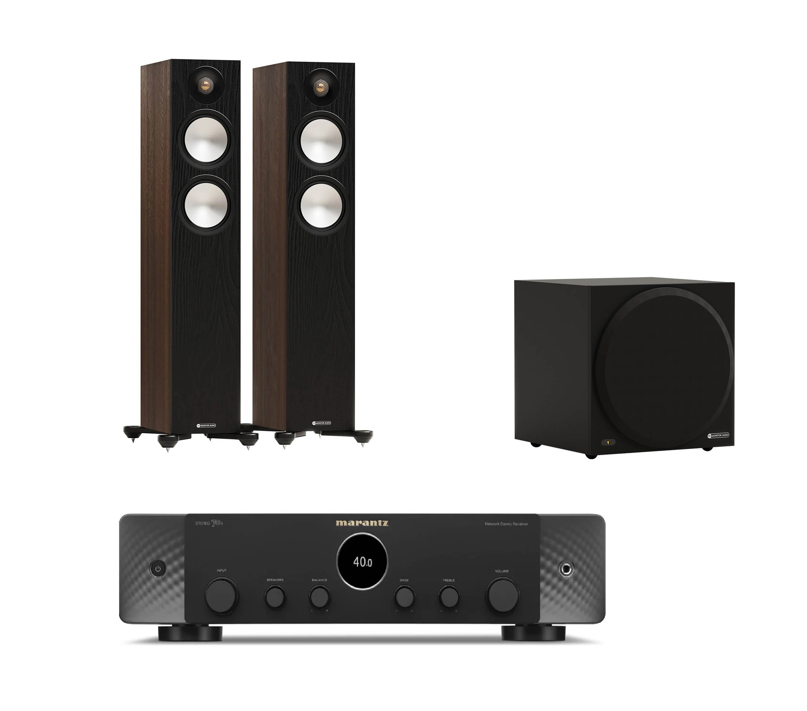 Monitor Audio Bronze 300 7G (Walnut), Vestra W10 Sub (Black) and Marantz Stereo 70s Sound System.